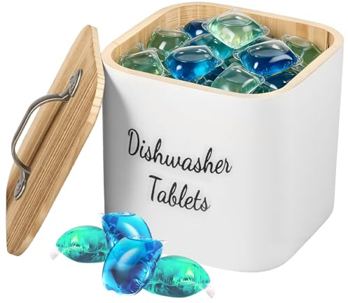 BAODBF Contenitore per Lavastoviglie Tabs in Legno con Coperchio e Maniglia, Capacità 15x15x13,6 cm, per Lavastoviglie Tabs, Sale, Detersivo Polvere Versatile per Cucina Bagno Casa