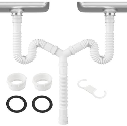 EaseSunny Kit de vidange d'évier réglable 20 cm-80 cm, siphon flexible en P pour double vasque, raccord de tuyau G1-1/2 et G1-1/4, blanc