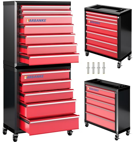LARBANKE 12-drawer tool Chest, with Locking System, Multi-Functional Top & Two Units Each with 4 Swivel Casters. Includes connecting rods for combined or separate use.