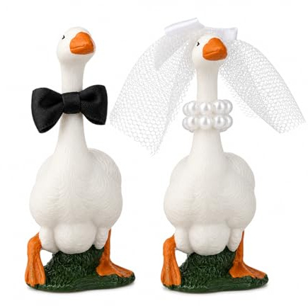 Tapufitil 2 Pezzi Decorazione Torta Oca da Matrimonio, Figurine di Coppia sposi con Velo & Papillon, Figurine di sposi in Resina per Matrimoni rustici, fidanzamenti & Feste Nuziali