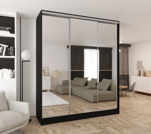 Kleiderschrank mit Spiegel und Schiebetüren Schwarz 210x250 cm | 2 Kleiderstangen, 2 Schubladen, MDF Platte, Inklusive Montageset, Mit Einlegeböden, Viel Stauraum, Praktische Aufteilung