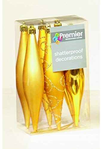 Premier Pack of 6 Gold Shatterproof Tear drop Decorations - 13cm