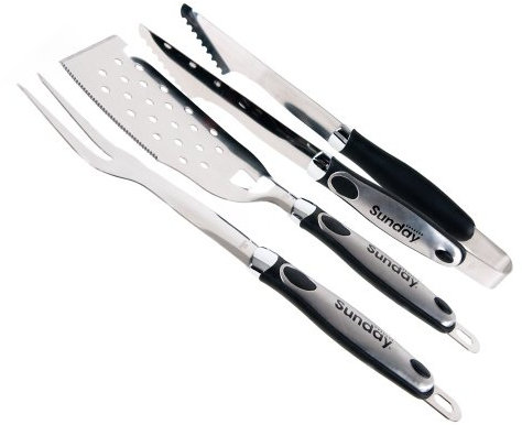 Sunday Grillbesteck, Edelstahl, 3-teilig Grillzange, Grillgabel und Wender, Schwarze Griffe