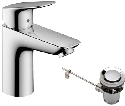hansgrohe Waschtischarmatur Logis, Wasserhahn Bad mit Auslauf Höhe 100 mm, mit Zugstange, Badarmatur wassersparend, Chrom