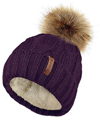 TOSKATOK Damen Chunky weichen Kabel Stricken Hut mit gem�tlichem Fleecefutter und abnehmbarem Kunstpelz Pompom-Purple