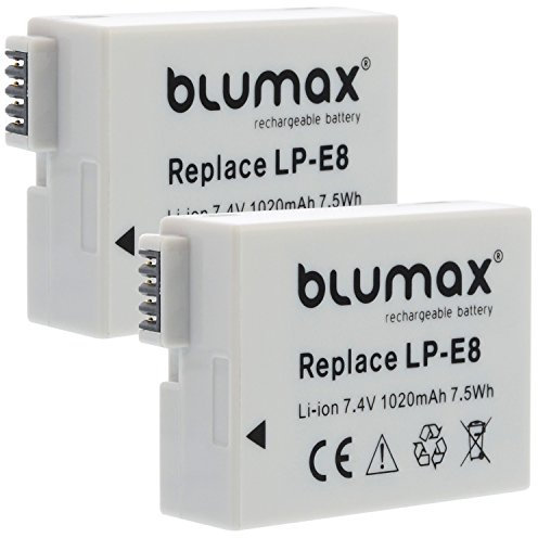 Blumax Camera Battery Pack of 2 for Canon LP-E8 Suitable for EOS 550D 600D 650D 700D / EOS Kiss X4 X5 X6i X7 / Digital Rebel T2i T3i T4i T5i