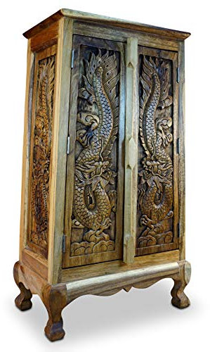 Massivholz Schrank Dragon I - 100x57cm Kommode aus Akazie mit handgeschnitzten, asiatischen Drachen verziert (Natur)