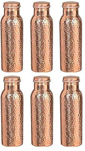 Traveller's Pure Copper Hammered Water Bottle for Ayurvedic Health Benefits | Joint Free, Leak Proof Set of 6 Pieces 600 ML
