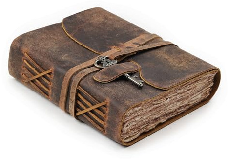 LEATHER VILLAGE Vintage Leather Journal – 200 Handmade Vintage Deckle Edge Paper – Leather bound Journal For Women Men – Key Closure - Book of Shadows - Cappuccino Brown - 6X4 inches (A6)