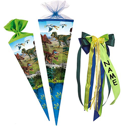 alles-meine.de GmbH Schultüte Größenwahl Dinosaurier - Dinosaurs/Dino - 100 cm - eckig - incl. individueller großer Schleife - mit Namen - Tüllabschluß - Zuckertüte - mit..