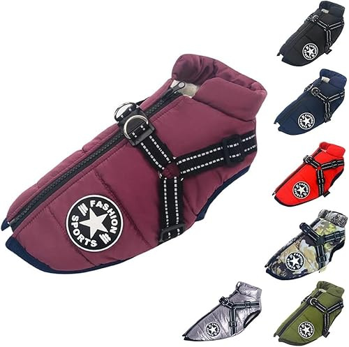 Hundeweste,Hundemantel Wasserdicht,Warme Weste mit Hundegeschirr Winter Warm und weich 9 Farben-lila L