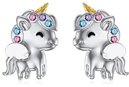 Flpruy Einhorn Ohrringe für Mädchen 925 Sterling Silber Regenbogen Kristall Ohrringe Einhorn Schmuck Kindertag Geschenk für Mädchen Frauen Tochter