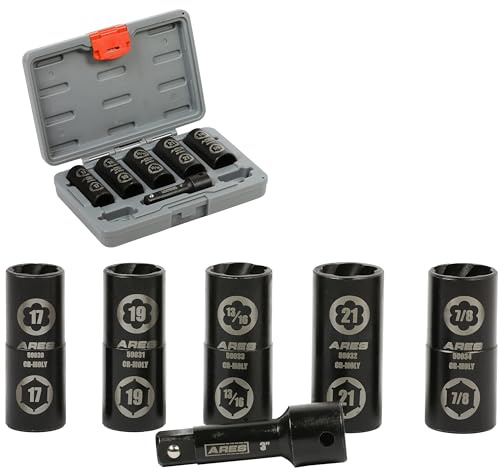 ARES 59035-1/2-Zoll-Antrieb, 6-teiliges Standard-Sechskant- und beschädigte Radmuttern, entfernt beschädigte und abisolierte Radmuttern, 17 mm, 19 mm, 21 mm, 13/16 Zoll und 7/8 Zoll Stecknüsse mit 3