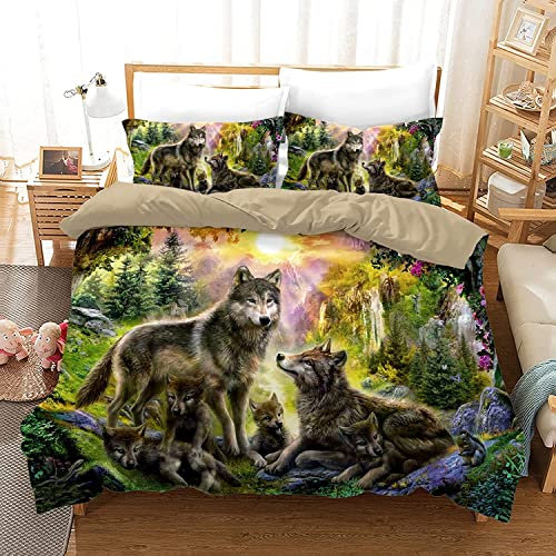 HSGLGNA Bettwäsche-Set mit Wolf-Motiv, Wolf-Mond, 3-teilig,3D Wolf Mikrofaser Bettwäsche-Sets 3teilig mit Reißverschluss,100% Baumwolle, mit Bettbezug und Kissenbezug (Wolf-4, 135 x 200 cm)