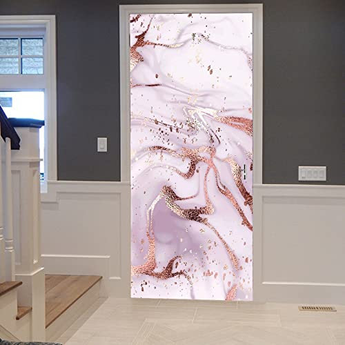 A.Monamour Pegatinas de Puerta Autoadhesivo 3D Fondo De Pintura De Mármol Abstracto Con Textura De Salpicadura De Brillo De Oro Rosa Vinilo para Puertas Mural PVC Pegatinas de Pared Poster 90x200cm