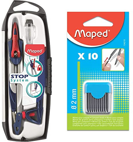 Maped Coffret Compas Maped Stop System 3 pièces - Système de Verrouillage Breveté - Tracé Parfait & Étui Rigide de 10 Mines de Rechange 2 mm pour Recharge Compas Scolaire