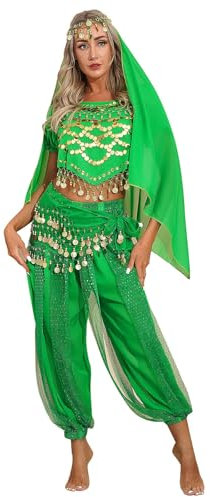 YiZYiF Damen Bauchtanz Kostüm Münzperlen Bauchtanz Oberteil Haremshose Kopftuch Hüfttuch indische Tanzkleidung Karneval Fasching Kostüm Grün Einheitsgröße