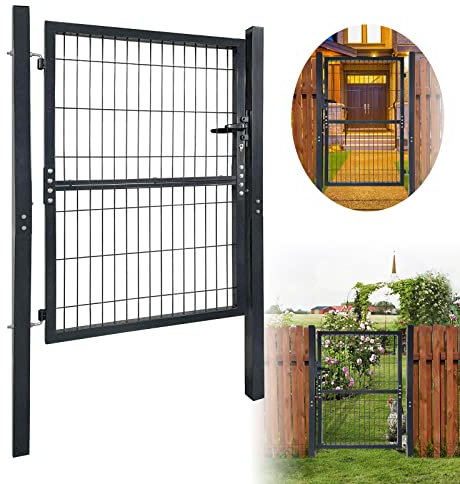 JOIEYOU Gartentor Metall Verzinktem Gartentür Maschendraht Außen mit Türklinke Schloss und Schlüssel für Garten Hoftor Terrasse Hoftür Zauntür Gemüsegarten Tür (125 x100cm, Anthrazit)