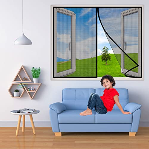 Magnet Fliegengitter Fenster, 135x130 cm Insektenschutz Fliegenvorhang Magnet Fenster Vorhänge gegen Fliegen Moskito Fenster Mückennetz Klettverschlussmontage für WohnzimmerFenster- Schwarz H