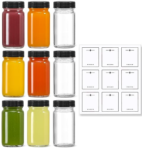 9 Pack, 2 oz Glass Shot Bottles w/ Black Lids & 9 Labels - Small Clear Jar for Ginger, Wellness Shot, Juice, Sample, Whiskey - Travel Essentials Mini Bottles - Wide Mouth, Leakproof, Dishwasher Safe