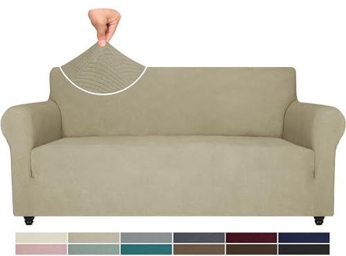 Ystyle Weicher Elastisch Sofabezug 3 Sitzer, Khaki | Sofaschoner Rutschfest, Universaler Couch Überzug mit Armlehnen, Moderne Sofa Cover, Waschbarer Sofahusse für Wohnzimmer