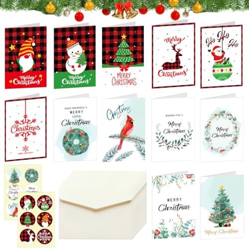 Weihnachtskarten mit Umschlag Set, 12 Stück Weihnachtskarten, Weihnachtskarte Klein, Kinder Klappkarten Postkarten Weihnachten mit Aufkleber, Grußkarten Christmas Cards Weihnachtspostkarten Set(C)