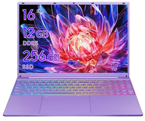 Zyphionix 16-Zoll-Laptop in Lila, Celeron N95-Prozessor (leistungsstärker als N5095), 12 GB DDR5 RAM,256 GB SSD, Win 11/Office 2024, Tastatur mit Hintergrundbeleuchtung, Gesichtserkennung