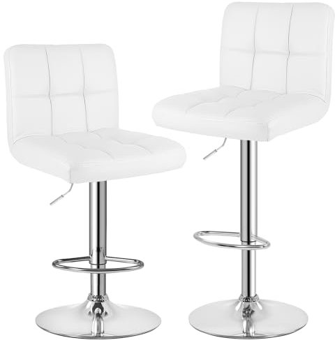 bigzzia Taburete de Bar Juego de 2, Taburetes Altos de Cocina, Cuero Sintético Silla de Bar Regulable en Altura con Respaldo y Reposapiés, Giratorio en 360°, para Cocina, Mostrador, Bar, Blanco
