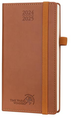 POPRUN Taschenkalender 2025 Klein 16,5 x 9 cm (Aug.2024-Dez.2025) - Kalender 2025 Klein mit PU-Leder - Terminplaner, Planer 1 Woche 2 Seite mit Stiftschlaufe - Braun