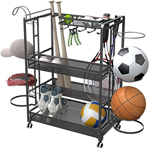 RajoNN Rack Metal Utility with Removable Hat/Ball Rack, Home Sports Equipment Storage Trolley for Basketball/Football/Baseball Rod/Tennis Racket