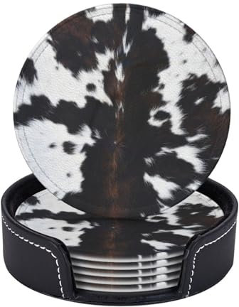 Untersetzer mit Kuh-Druck, für Getränke, mit Halter, runde Leder-Untersetzer, Set mit 6 Tassen, Tassen, Matte für Zuhause, Küche, Bar