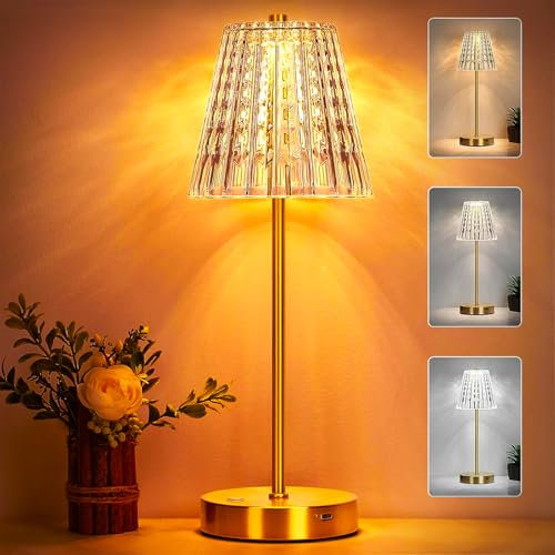 Lixada Kristall Tischlampe Kabellos, Vintage Tischleuchte mit 3 Farben, LED Touch Lampe, Akku Betrieben, Dimmbar, Ideal für Wohnzimmer Schlafzimmer Garten Gaststätte Bar (Gold)