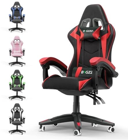 bigzzia Sedia da Gaming, Sedia Ergonomica Gaming con Cuscino Lombare+Poggiatesta,Sedia da Ufficio e Computer Regolabile in Altezza Per Adulti,Ragazze,Ragazzi (Senza Poggiapiedi, Rosso)