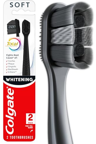 Colgate Total Active Prevention Soft Bristle Whitening Toothbrushes, Soft Toothbrush with Charcoal Infused Bristles, Helps Whiten and Reaches Deeper Along the Gumline and Between Teeth, Black, 2 Pack