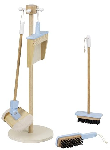 Baroni Toys Juego de Limpieza de Madera, Juego Montessori, 4 Piezas con Soporte, para Niños de 3 a 6 Años, Incluye Escoba, Recogedor, Fregona y Cepillo, Fácil de Montar y Ligero, 17x18x59 cm