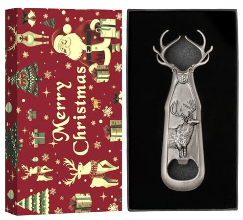 LKKCHER Weihnachtsgeschenke Verpackt Hirsch Flaschenöffner, Weihnachtsgeschenke für Männer Frauen Jäger Papa, Weihnachts Jäger Geschenke, Silber mit Weihnachtsverpackung und Weihnachtskarte