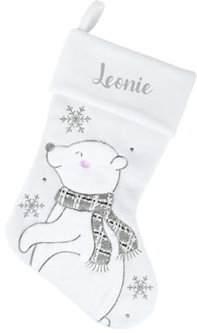 minimutz Nikolausstrumpf mit Namen Kinder - personalisierter Weihnachtsstrumpf zum Aufhängen & Befüllen - Nikolausstiefel weiß 45cm (Eisbär)