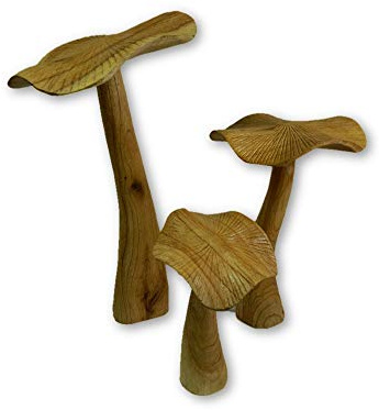 Thai Gifts Wooden Mushroom Carving - Set of 3 Flat-Top Toadstools - Approx. 20/25/35cm - Handmade Outdoor Garden Accessories Made From Sustainable Wood - Unique Fairy Garden Feature