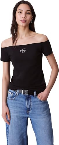 Calvin Klein Damen T-Shirts Kurzarm Off Shoulder Schulterfrei, Schwarz (Black), XS