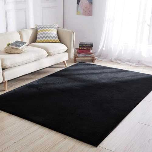 MOONLIGHT20015 Small Rugs Living Room Black Area Rugs for Bedroom 60x110 cm Washable Rug Fluffy Soft Bedside Rug Anti Slip Non Shedding Faux Fur for Kids Room