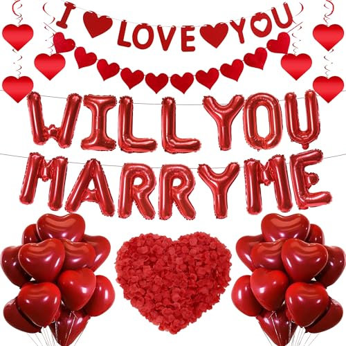 Will You Marry Me Decorations – Lot de 46 ballons en forme de cœur rouge à suspendre avec 500 pétales de rose artificiels pour la Saint-Valentin