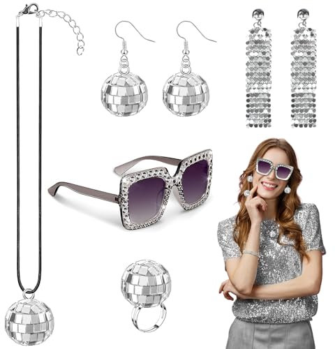 CIYIN 5 Stück Disco Accessoires mit Halskette, Ohrringe, Sonnenbrille, Kugelring für Party Karneval 70er 80er Jahre Kostüm Zubehör Für Damen