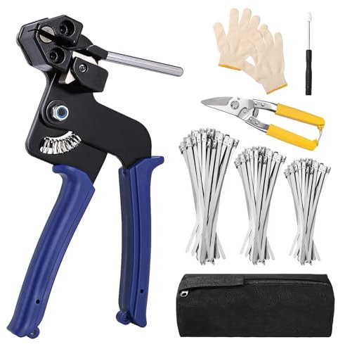 Edelstahl-Kabelbinder-Set mit 150 Metall-Kabelbindern (strapazierfähig im Freien), 3 Größen, Stahl-Kabelbinder, industrielle Schere und Handschuhe, Kettenglied-Zaunteile, langlebige