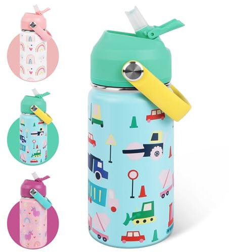 AMFUN 350ml /12oz Kids Insulated Water Bottle with Straw Lid,Small Flask Vacuum Insulated,Upgraded Leak Proof Lid with Straw & Handle for Boys Girls Toddler Hot Cold Drinks,BPA-Free (Small Car)