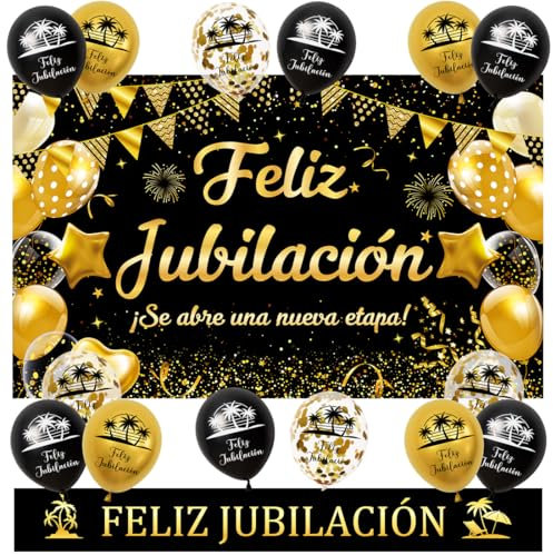 Decoracion Jubilacion, Pancarta Jubilación, Feliz Jubilación Guirnalda Banderín, Globos Jubilacion,Oro Negro Photocall Jubilación