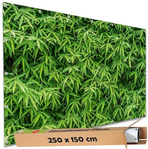TRIOSK Sichtschutz Garten Deko Zaun Plane Blickdicht groß mit Zaunblende Motiv Bambus Pflanzen Hecke für Balkon Terrasse Zaunelement Doppelstabmatten Gartenzaun PVC 250x150 cm Grün