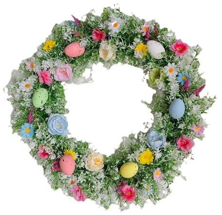 QOKLIYUI Holzmaterialien Frühling Veranda Blumenkranz Dekoration Graues Kaninchen ABS Osterkranz mit Blumen Ostern Urlaub Garten, 45cm