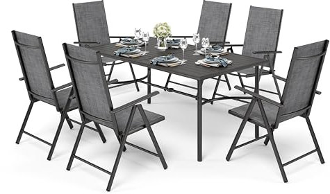 PHI VILLA Gartenmöbel Set Wetterfest Gartentisch mit Stühlen 6 Personen Metall Gartentisch mit 7-Fach Verstellbar Hochlehner Klappbar Aluminium Gartenstühle Set 6, Terassenmöbel Außen Grau