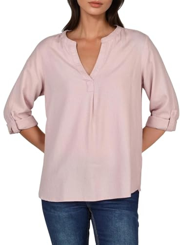 DENIMFY Leinenbluse Damen Sommer leicht Regular Fit DFSara Leinen Bluse 3/4 Arm V-Ausschnitt Blusenshirt Oberteile Einfarbig Rosa M, Größe:M, Farben:Light Greyish Rose