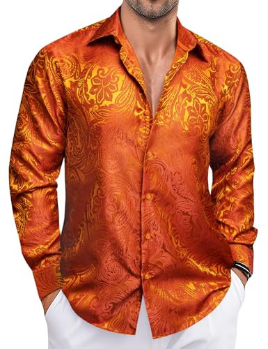 Ailisus Brown Orange Men's Silk Shirts Paisley Long Sleeve Button Down Dress Shirt Western Casual Tops Woven Party Wedding